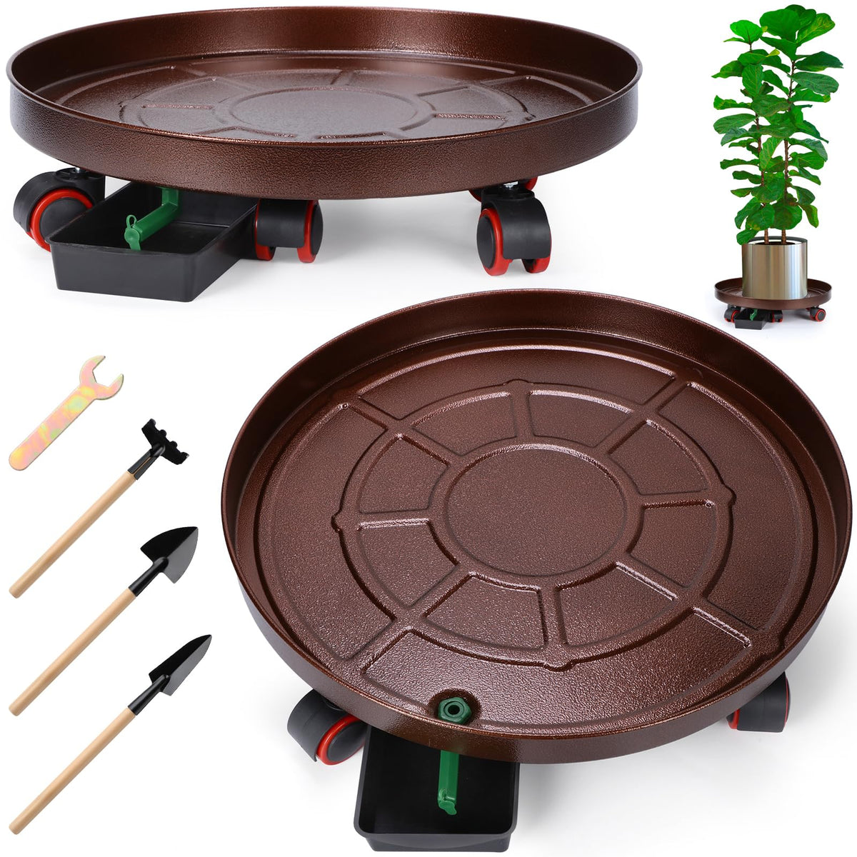 FoldTier 2 Pack 20 Inch Plant Stand with Lockable Wheels Heavy Duty Metal Caddy with Drain Hole Round Rolling Planter Large Flower Pot Dolly for Indoor Outdoor