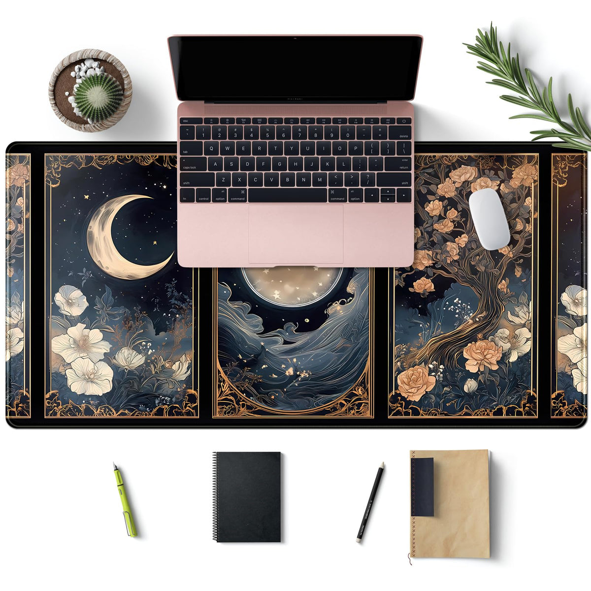 Celestial Lunar Nature Tarot Card Desk Mat Moon Floral Large Mouse Pad XXL 31.5''X 15.7'' Witch Night Botanical Desk Pad Gaming Mousepad Keyboard Mouse Mat for Laptop Computer Office Decor Gift