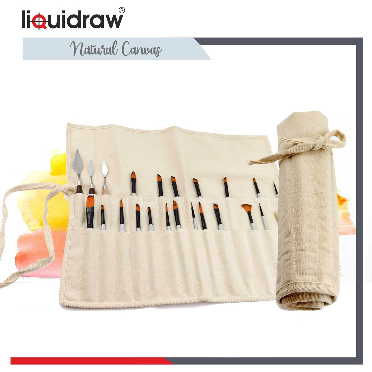 Liquidraw 30 Pocket Canvas Paint Brush Holder - Natural | 21" x 18" | Roll Up Brush Storage Pouch | Ideal Case for Paintbrush & Art Tool Storage | Easy to Carry | Also Great for Storing Makeup Brushes