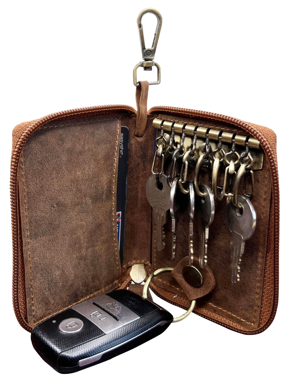 RUSTIC TOWN Leather Key Holder Case - Zippered Key Organizer Wallet with 8 Hooks for Keys, Cash, and Card - Gift for Men and Women