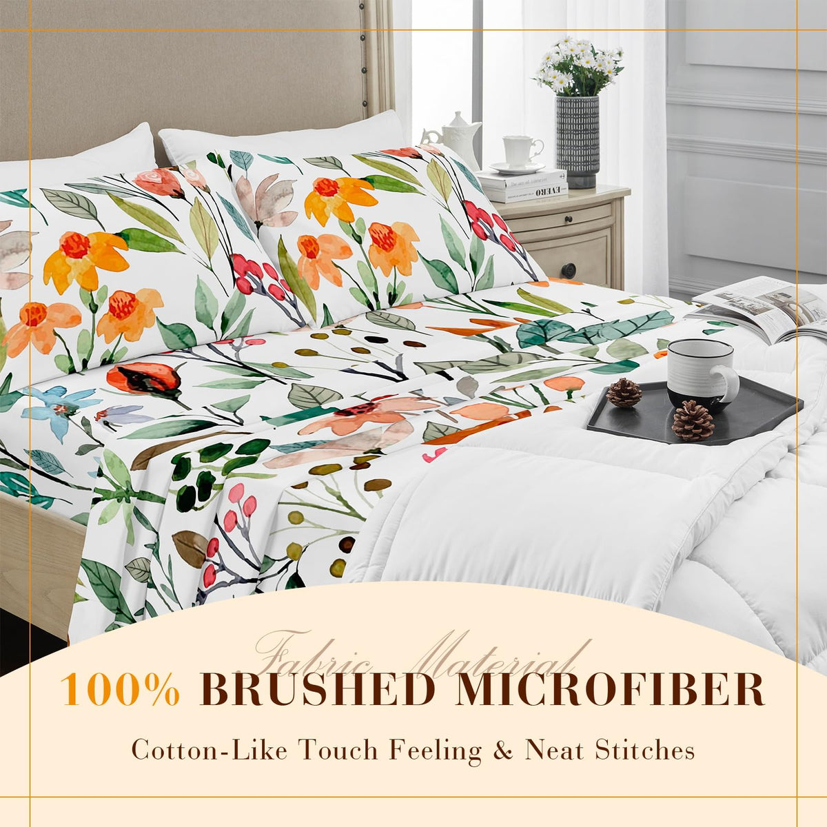 YIYEA Floral Sheets Twin Size, Premium Double Brushed Microfiber Bed Sheet Set for All Season, Soft Breathable, 16" Deep Pocket, Shrinkage and Fade Resistant, 3PC, Twin