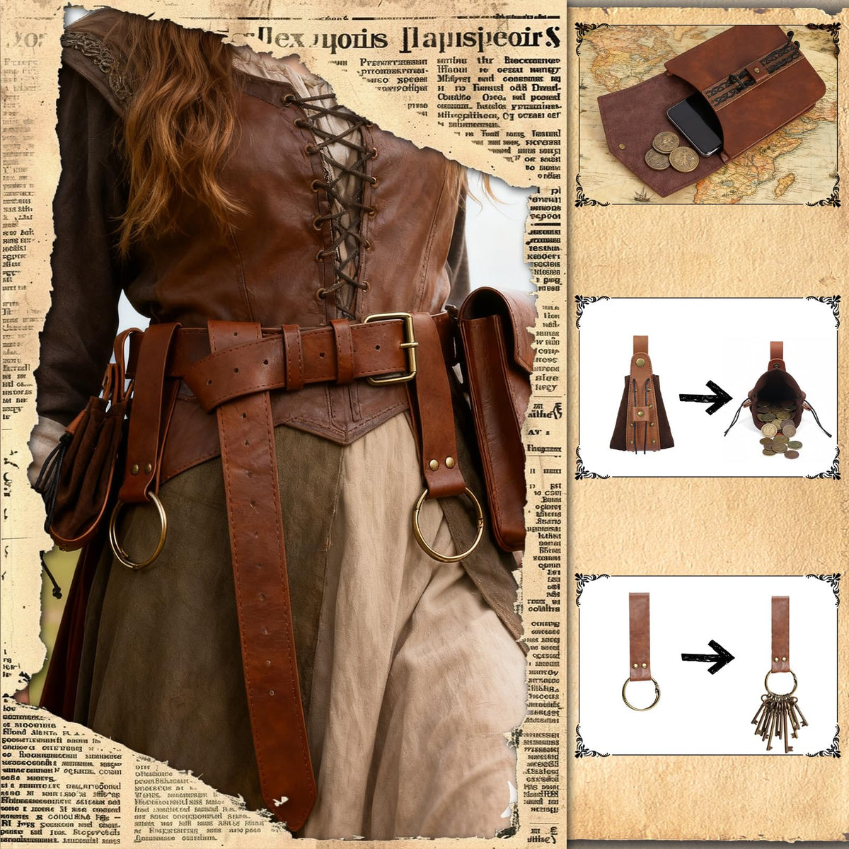 Treature Medieval Belt Pouches - Renaissance Belt Pouch Coin Purse Skirt Hike Set - Medieval Pirate Costume Halloween Cosplay for Ren Faire. (Brown)