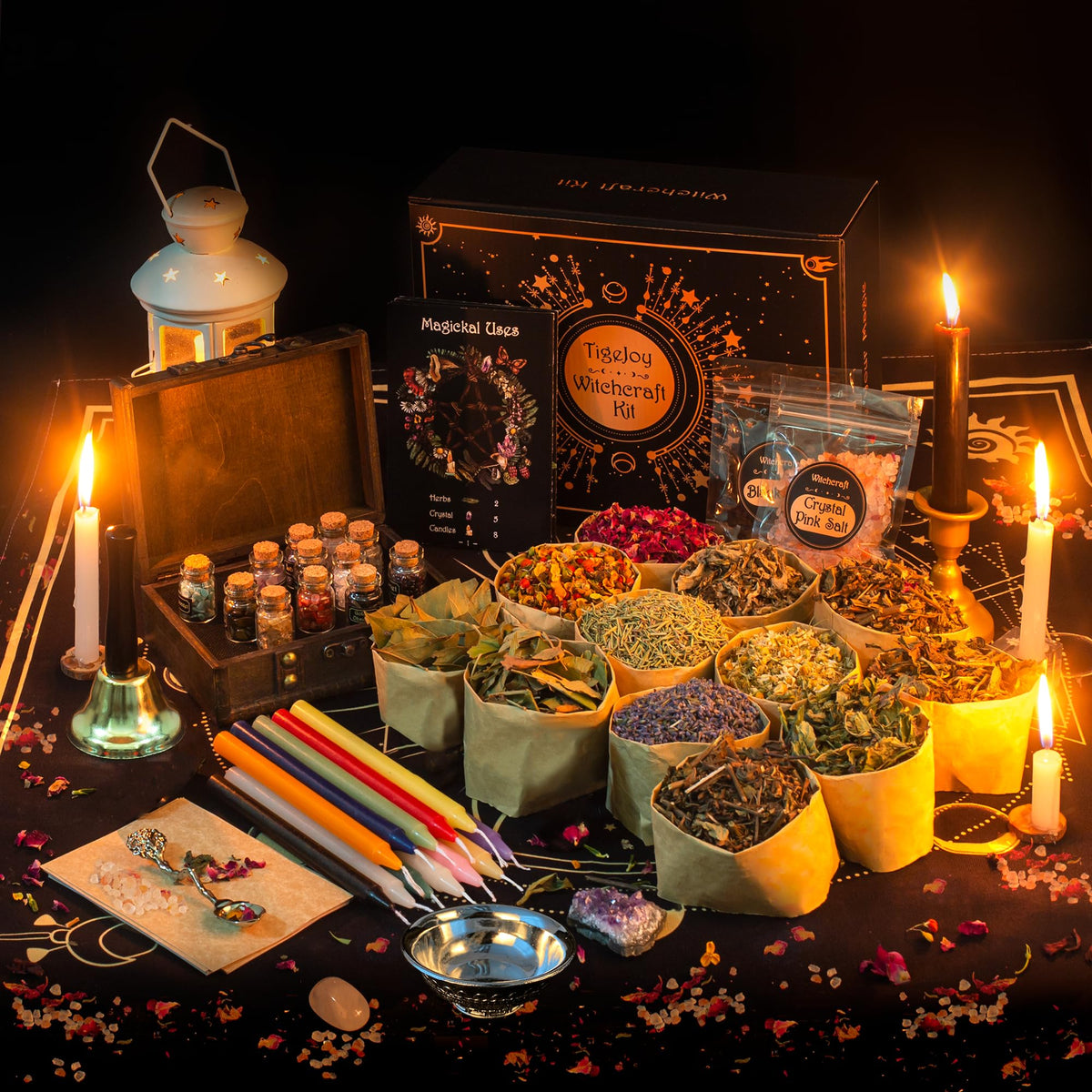 TigeJoy Witchcraft Supplies Witch Stuff Spell Kit 60PCS, Wiccan Tools, Include Herb Crystal Candle Amethyst Altar Bowl Witch Bell, Witch Gift Wiccan Starter Kit Altar Supplies Pagan Decor