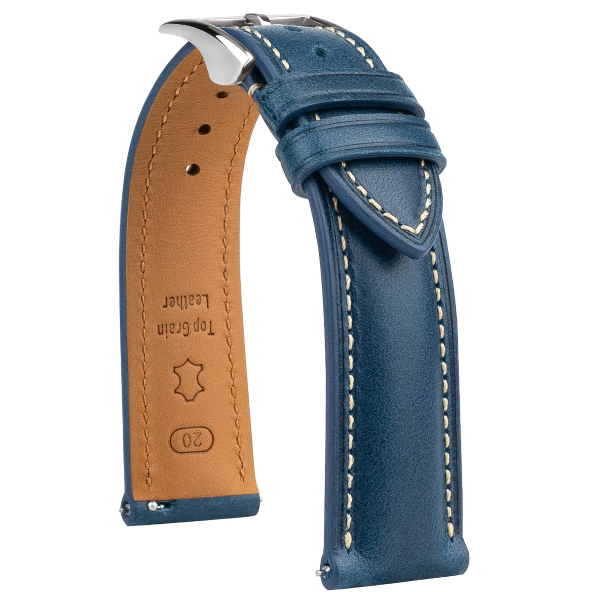 Gomvadr Vintage Genuine Top Grain Leather Watch Strap Quick Release, 18/19/20/21/22/24mm, Silver/Black Buckle, Universal Fit Unisex for Daily Wear (Blue with Silver Buckle, 21mm)