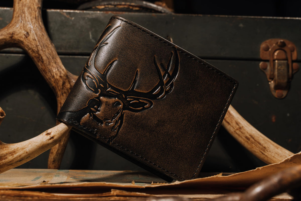 House of Jack Co. Deer Men's Double ID Bifold Wallet, Full Grain Leather Hunting Wallet, 2 ID Windows, 10 Card Slots, Camo Lining, Embossed Whitetail Deer, Hunter Gift for Men, Black
