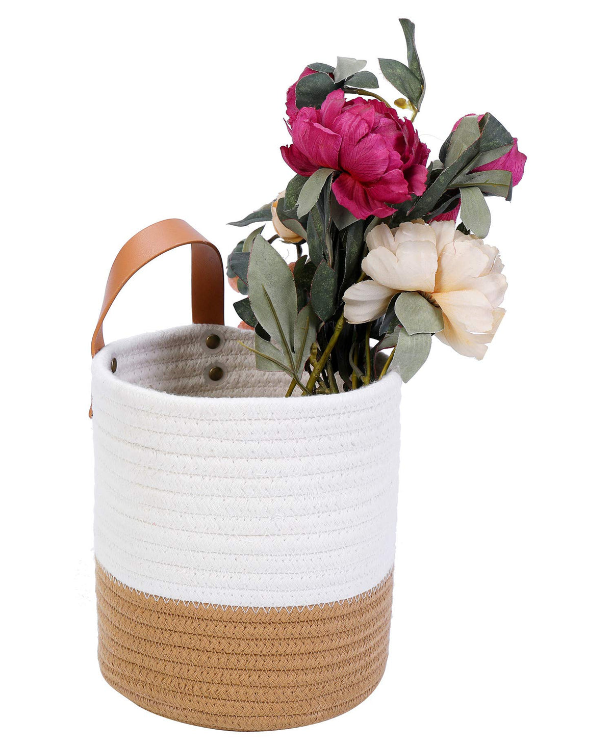Hanging Basket - Wall Hanging Baskets for Organizing - Hanging Storage Woven Wall Basket - Small Wicker Wall Baskets for Wall Decor - Hanging Planter Baskets 6.3" x 7" (White and Brown)