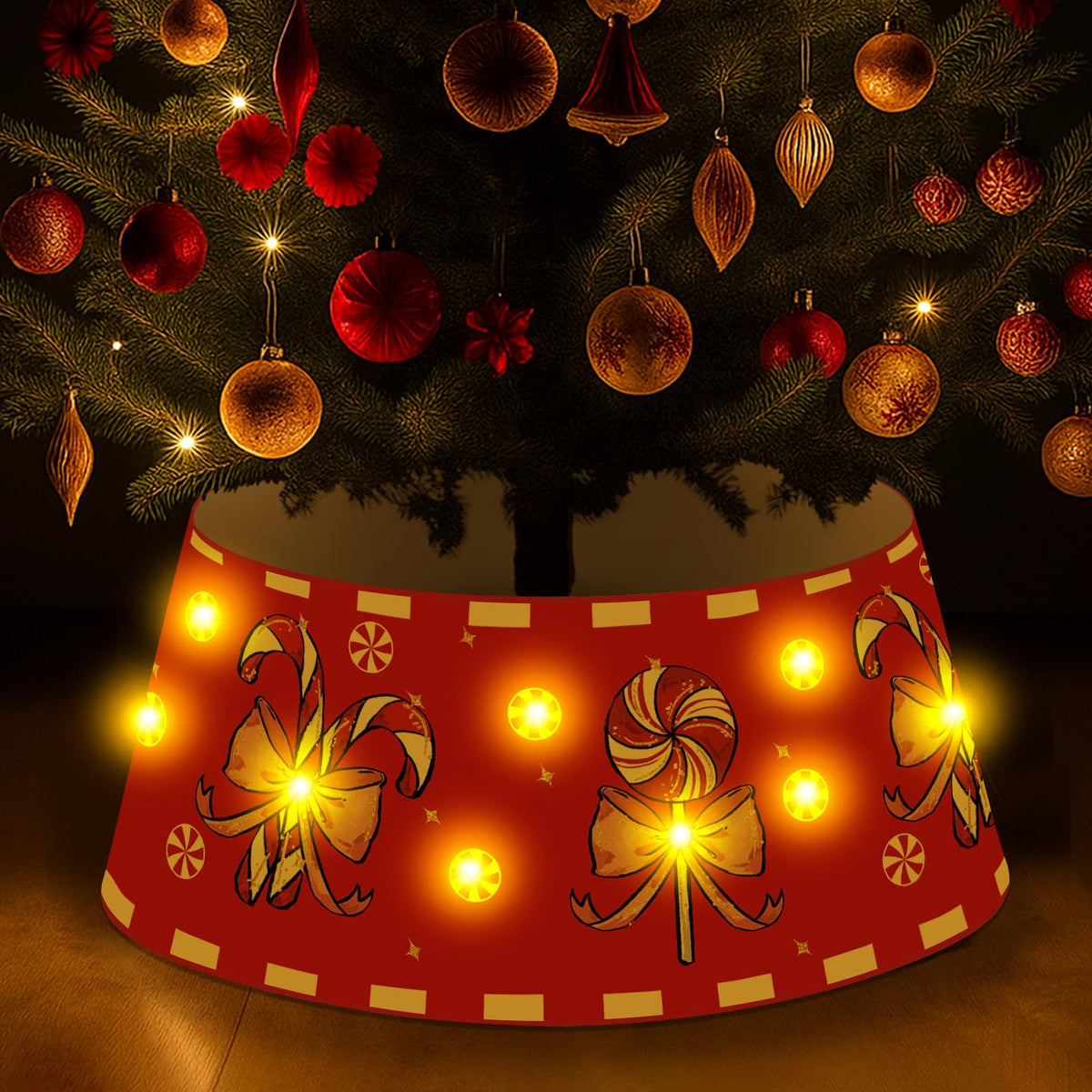 Christmas Candy Cane Tree Collar with LED Light Red Tree Skirt Blue Ring Base Cover for Christmas Trees Decoration Holiday Indoor Outdoor