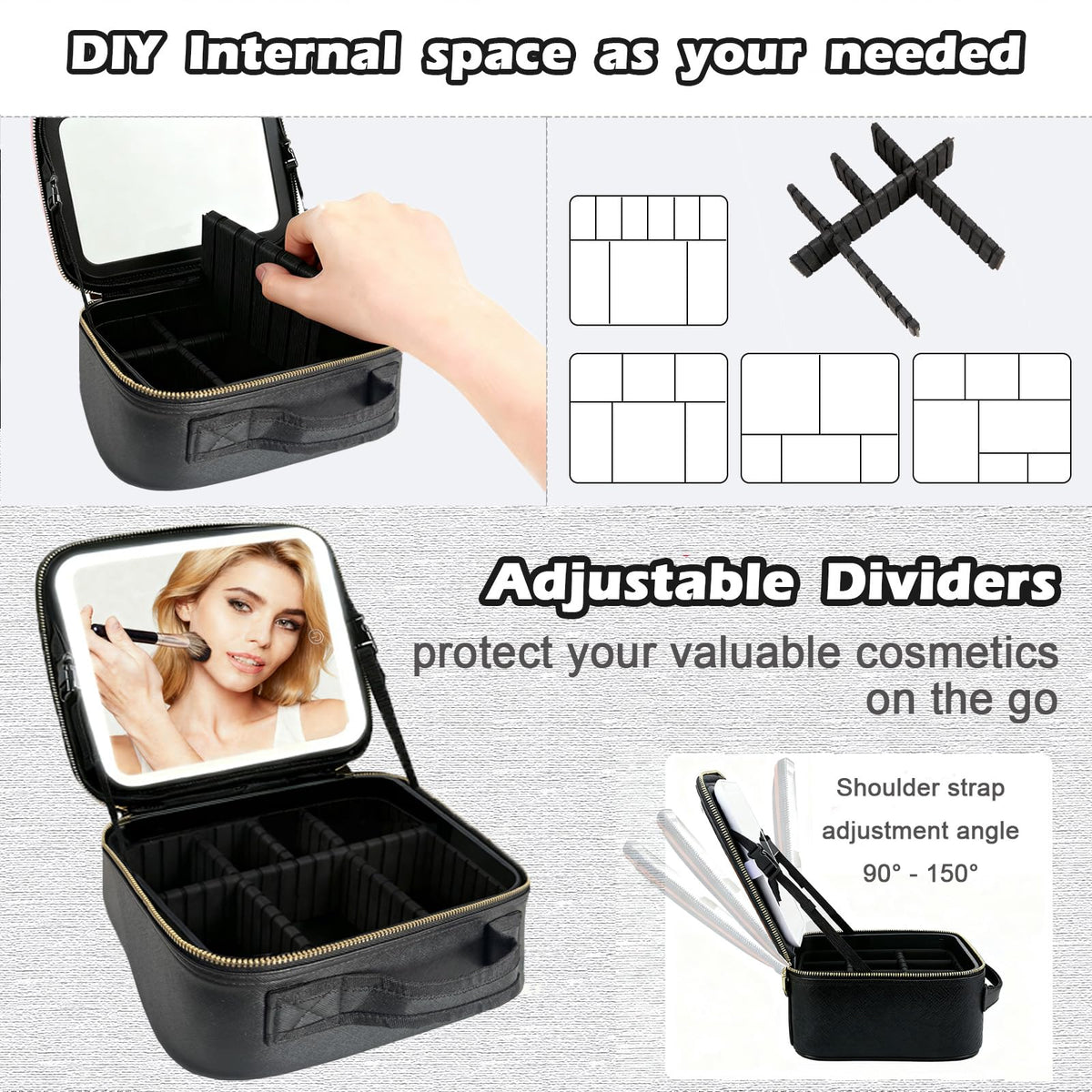 Travel Makeup Bag with Light Up Mirror, Portable Makeup Bag with Led Light Women Waterproof Makeup Travel Case adjustable dividers Rechargeable Vanity Mirror with 3 Color Lights (NO Shoulder Strap)