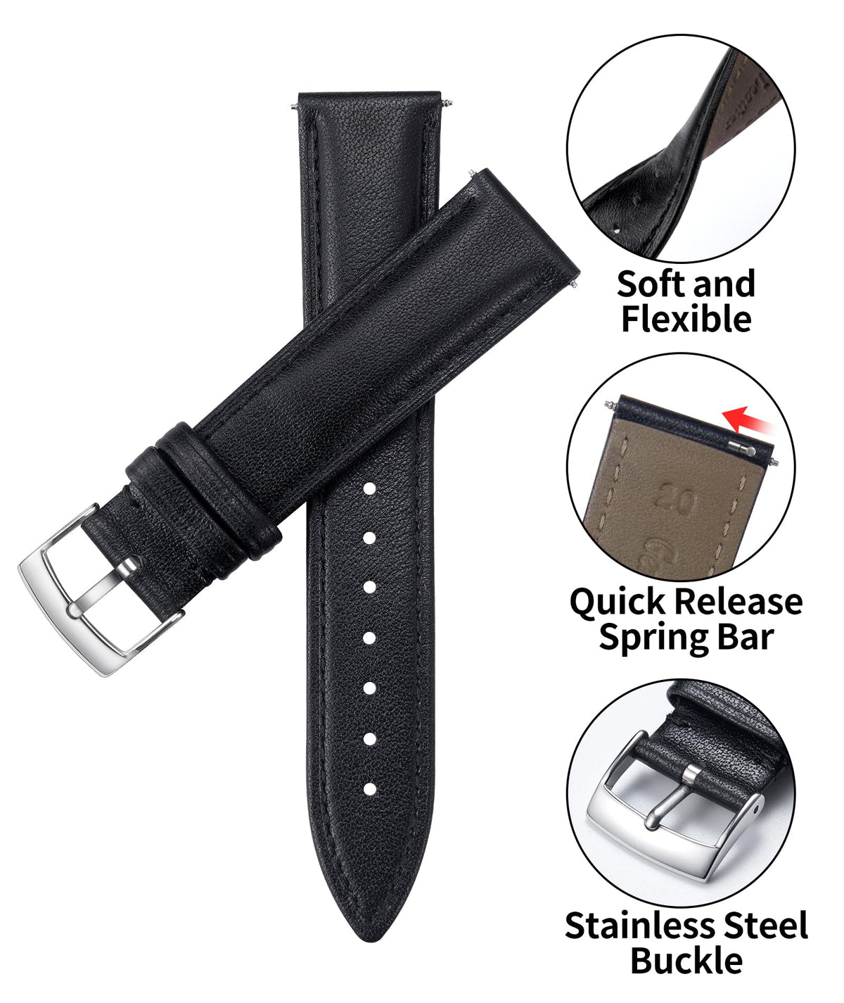 BINLUN Leather Watch Bands Quick Release Premium Calfskin Replacement Watch Strap Multicolors Watchbands for Men Women(20mm,Black)