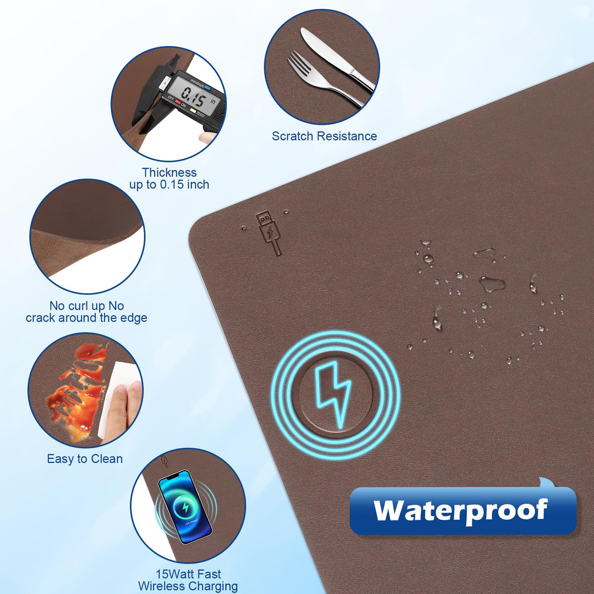 Wireless Charging Desk Mat with Desk Pad for Desktop Charging Large Mouse Pad Waterproof Leather Computer Mat Mouse Pad Non-Slip Protector on Top of Desks for Keyboard and Mouse (brown-l, 32*16inch)
