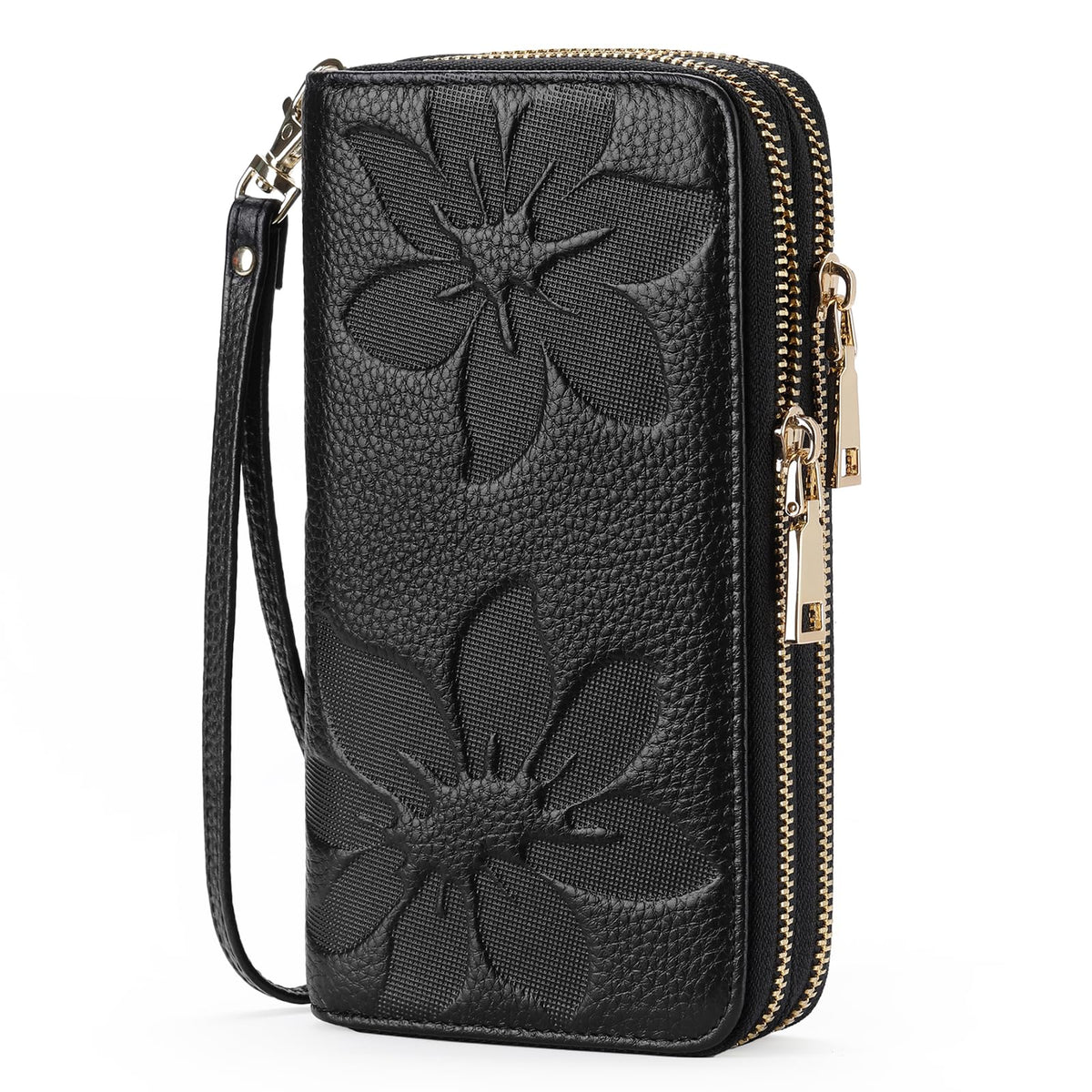 GOIACII Women's Wallet Large Capacity Double Zip Around Credit Card Holder Leather Ladies Wallet with RFID Blocking Phone Wristlet Purse Black