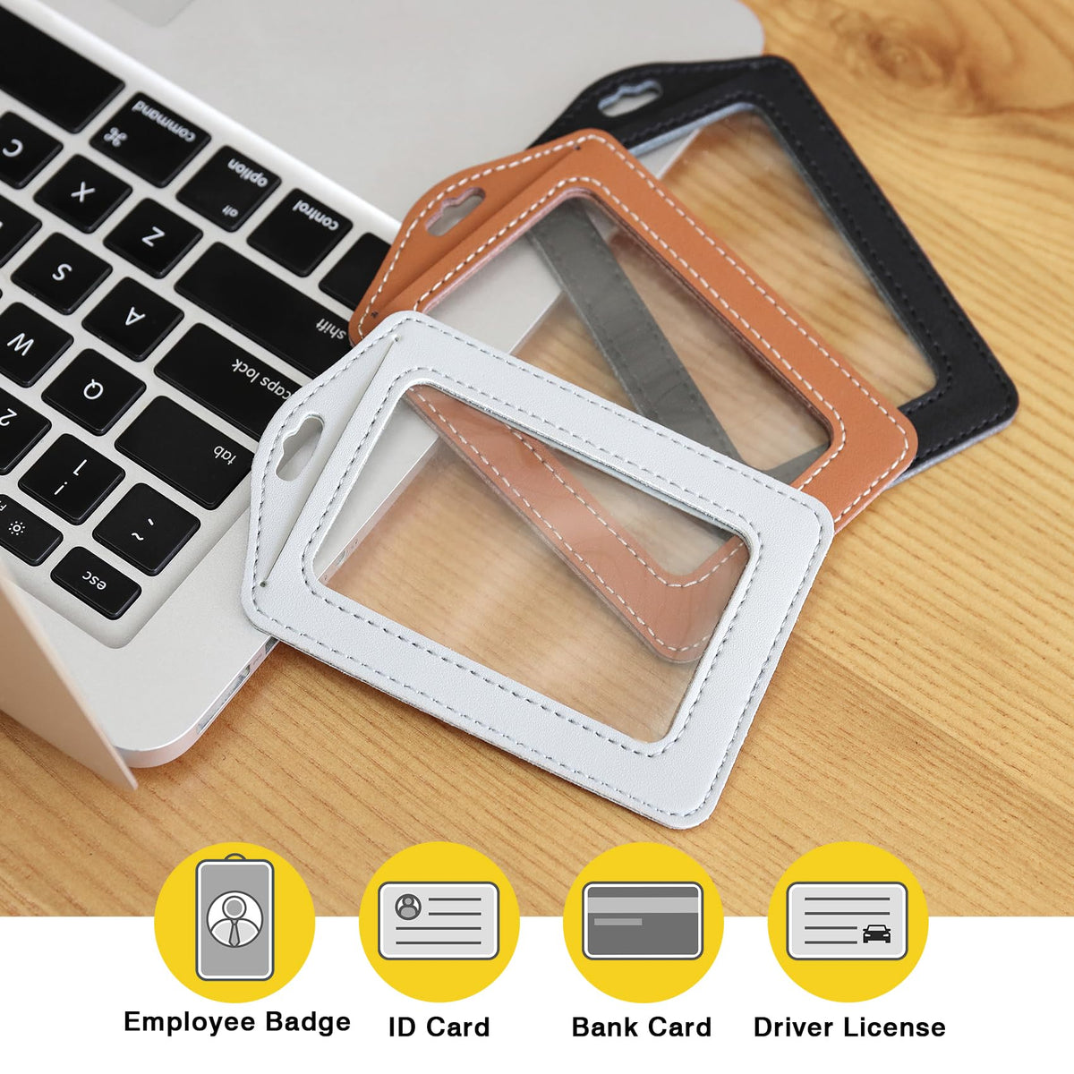 Vividwise 3 Pcs Vertical Leather Badge Holders, Black/Brown/Gray ID Holder for Lanyard, Waterproof Clear Card Holder for School ID Office ID, ID Protector for Women,Men