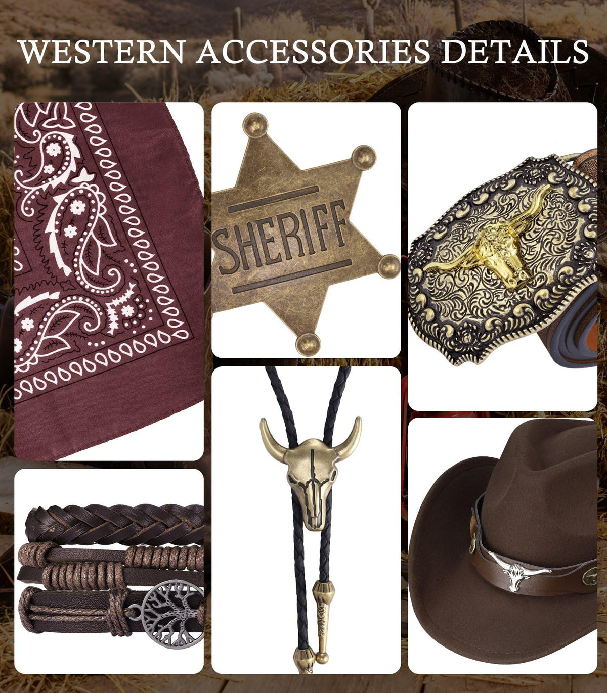 8 PCS Men’s Western Cowboy Costume Set with Cow Vest & Hat Retro Accessories Halloween Party Cosplay Darkbrown-L