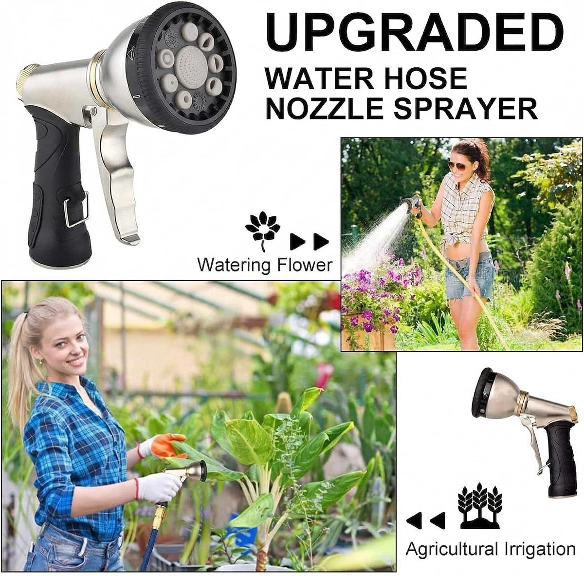 Garden Hose Nozzles 9 Adjustable Patterns Hose Spray Nozzle Heavy Duty Metal Hose Nozzle Spray Slip Resistant Water Sprayer for Cleaning/Watering Lawn Garden/Pets Shower/Car Washing (Gray)