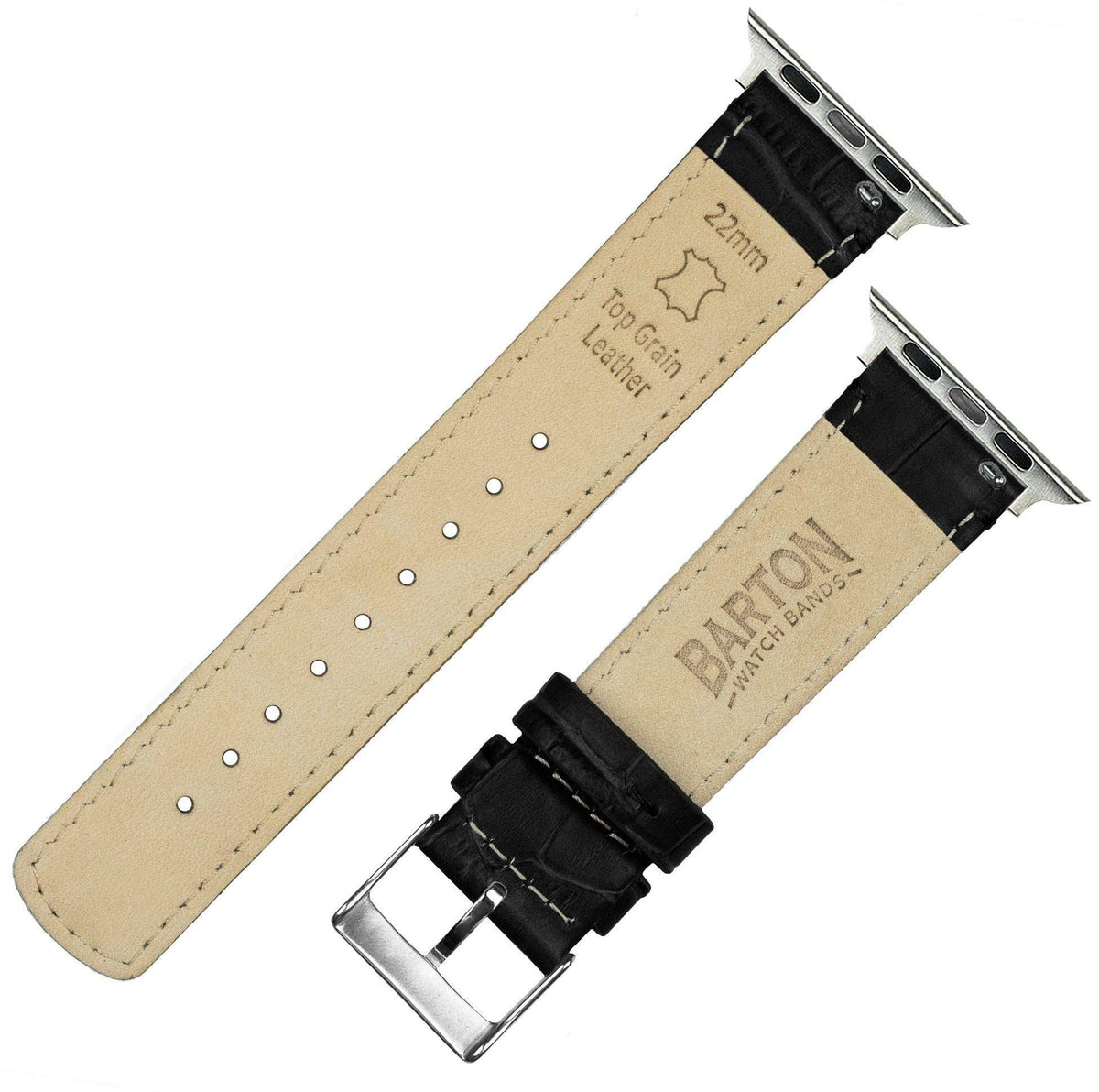 BARTON WATCH BANDS - Black & Stainless Hardware Alligator Grain Leather Watch Bands Compatible with Apple Watch Models - 1, 2, 3, 4, 5, 6, 7, 8, 9, 10, SE, Ultra & Ultra 2 - (42mm/44mm/45mm/49mm)