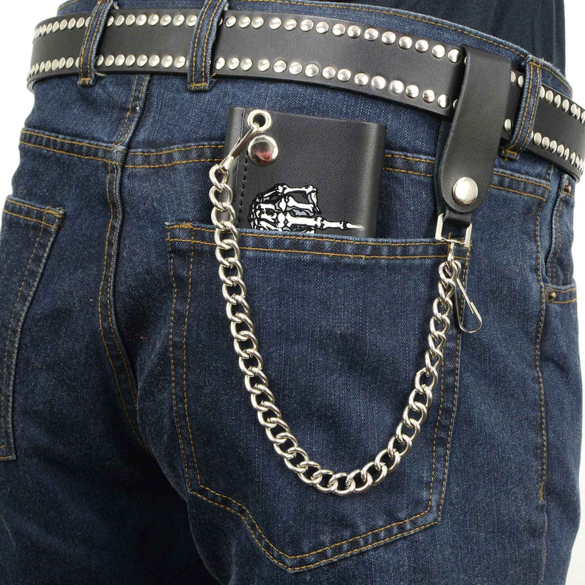Milwaukee Leather Men's Genuine Leather Tri-Fold Biker Wallet w/Anti-Theft Stainless Steel Chain - 4 Inch