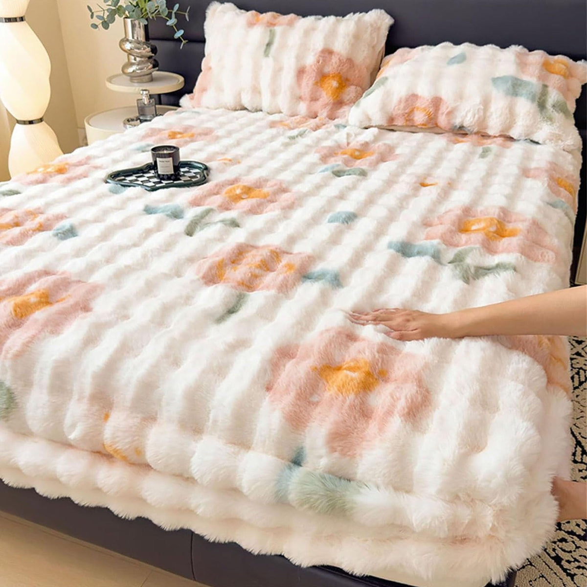 Elastic Bed Sheets, Milk Velvet Fitted Sheet, Winter Warm Mattress Cover, Faux Rabbit Fur Fitted Sheets, Fluffy Mattress Protector Bedspread, Machine Washable and Non-Fade(I,2 Pillowcases)