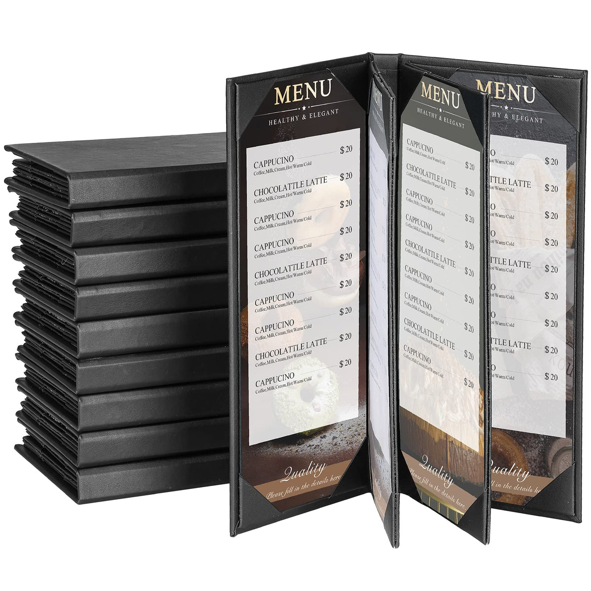 AMGSH Menu Holder Menu Covers 4.25" x 11" | 10 Pack Black Leather Menu Sleeves Book Style for Restaurant Coffee Bars Wine List (6 View, 10 Pack)
