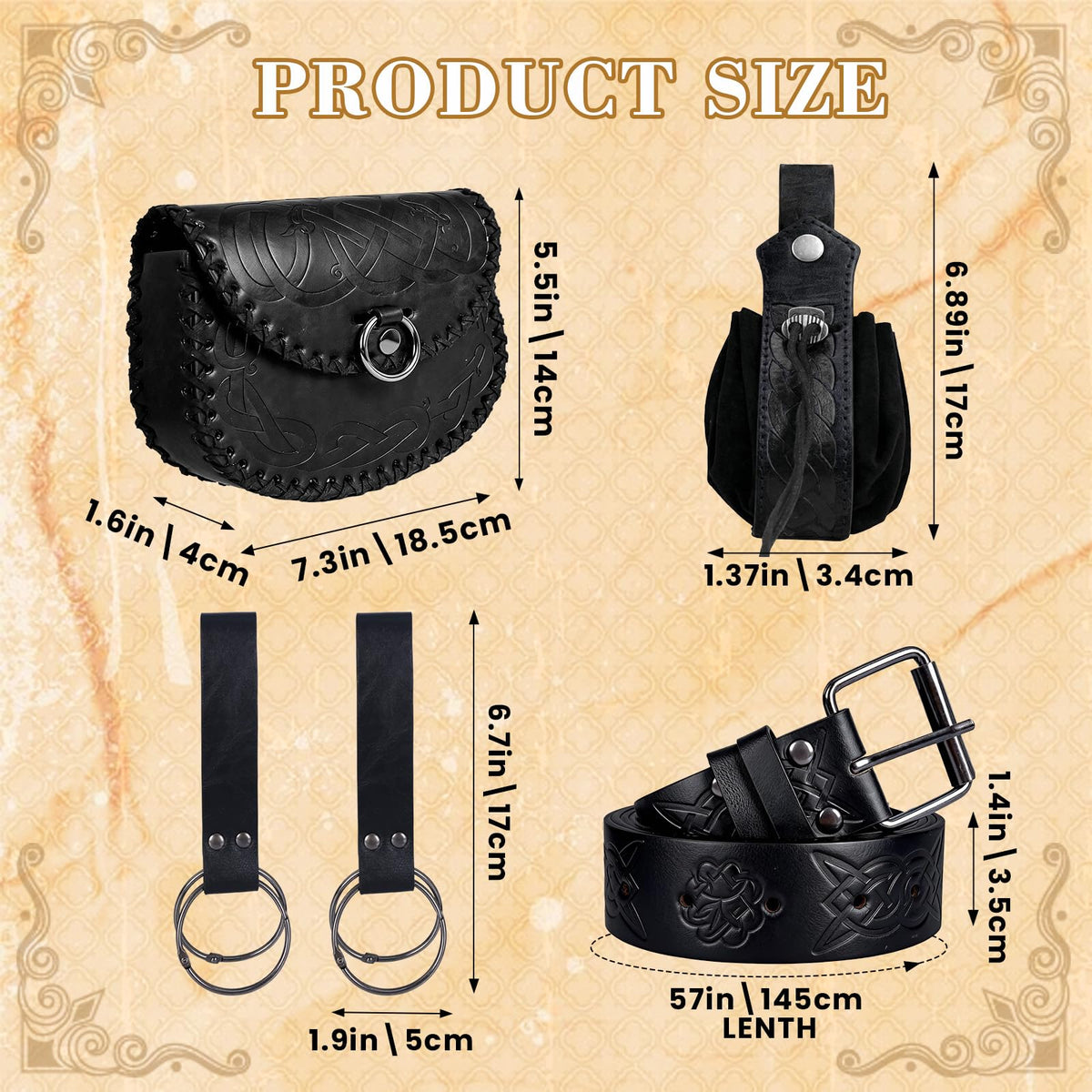 Renaissance Belt Pouch Waist Bag Set - Medieval Viking Pirate Coin Purse Skirt Hike for LARP Halloween Cosplay Accessories (Black)