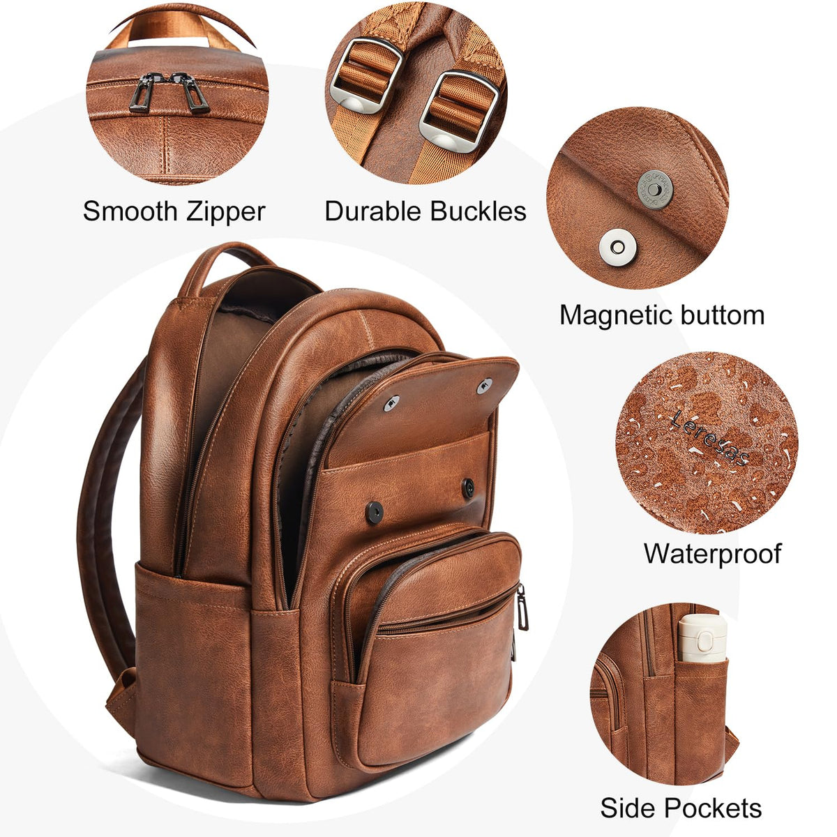 Leresas 37L Vegan Leather Backpack Purse for Women Mens Travel Backpack Work Laptop Teacher BackPack College Daypack Business Backpack Office Bag Brown