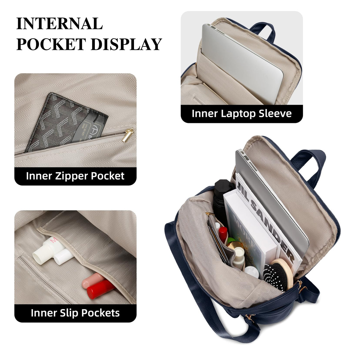 KKXIU Backpack Purse for Women - Multi-pocket Leather backpack for Travel, Work & School with Anti-Theft Lock Pocket, Luggage Strap & Water Bottle Pockets - 13x14x5.2 Inch (Navy)