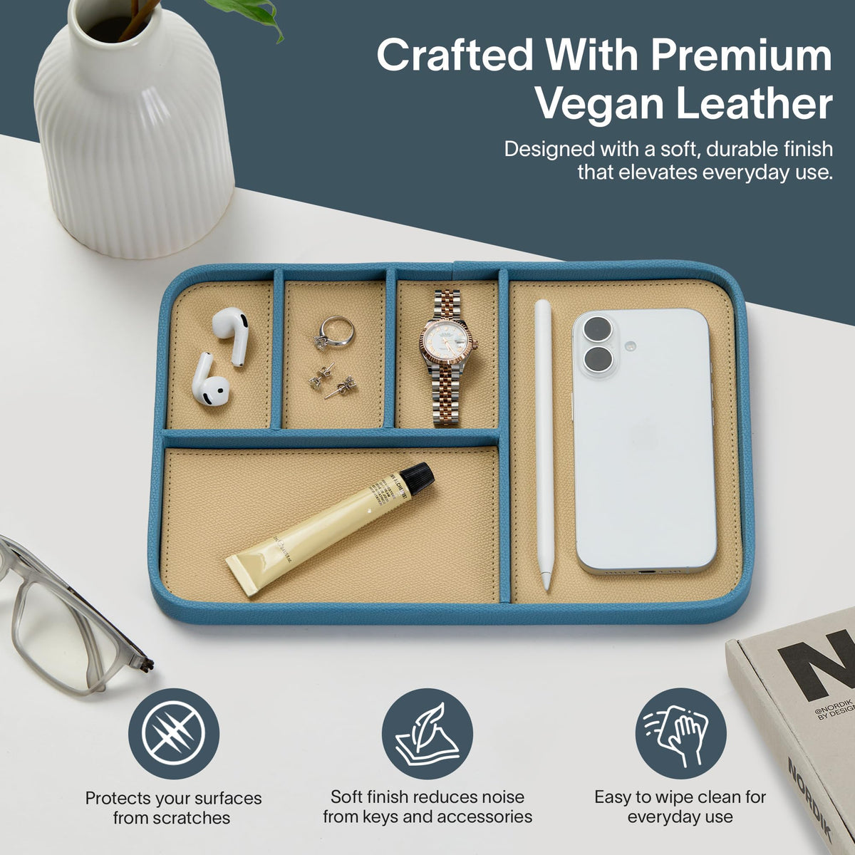 Nordik Leather Valet Tray - Nordik Blue - 11.8x7.9 Inch Large-Sized Vegan Leather Tray - Stylish Nightstand Organizer for Men - Modern Bedside Caddy - EDC Catchall for Keys Watch Wallet Jewellery