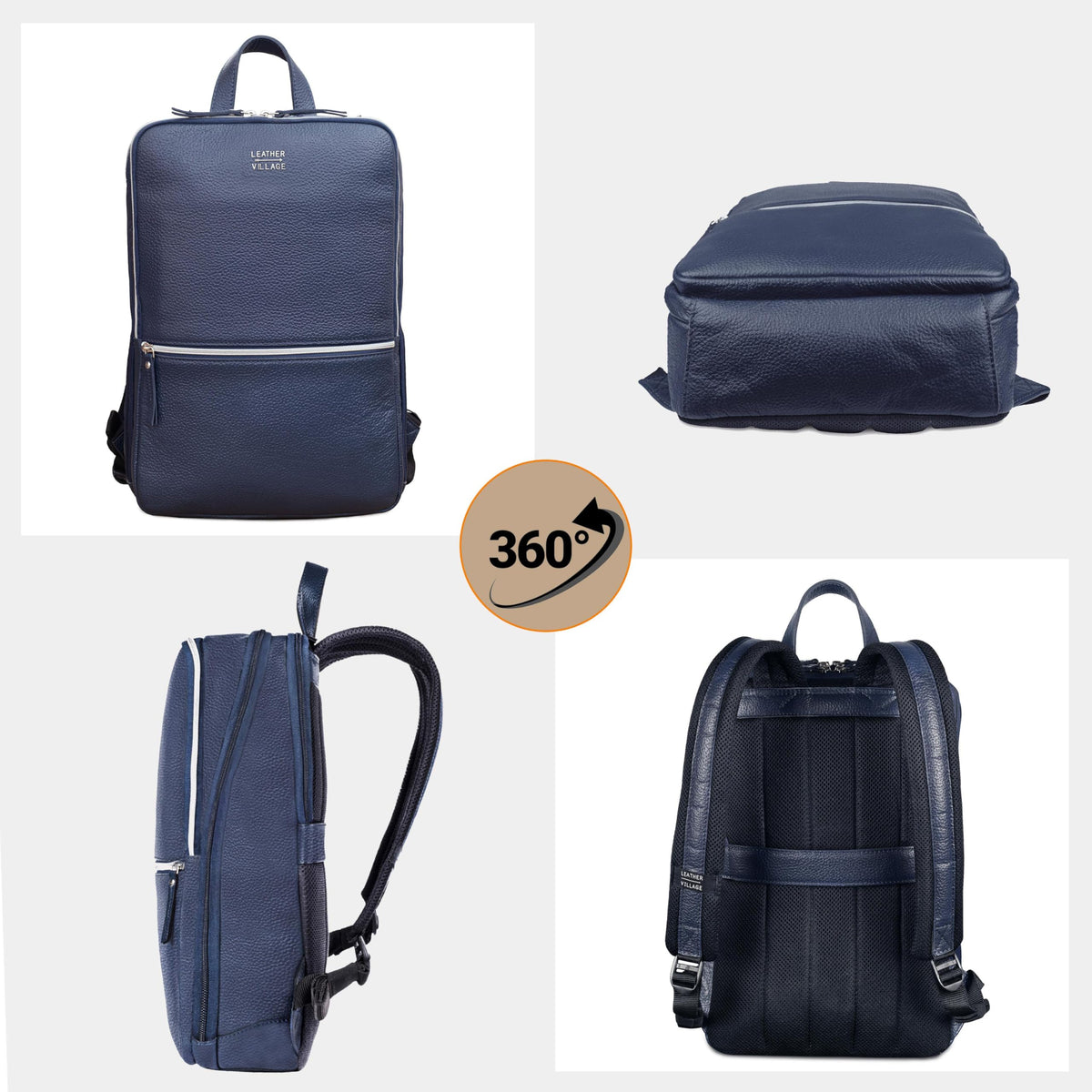 LEATHER VILLAGE Leather Laptop Backpack for Men | Blue | Slim Professional Business Bag Fits 15.6”-Laptop | Water-Repellent Work & Travel Daypack with Trolley Strap