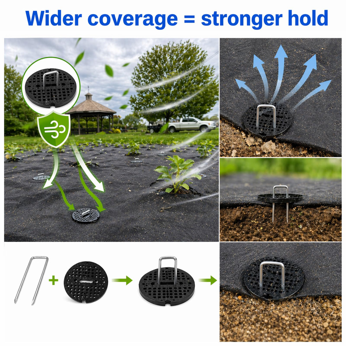 Garden Stakes,6 Inch 11 Gauge 50pcs Galvanized Landscape Staples + 50pcs Gaskets + 1Pick Hook, U-Shaped Heavy Duty Ground Stakes for Weed Barrier Fabric, Turf, Sod, Ground Cover