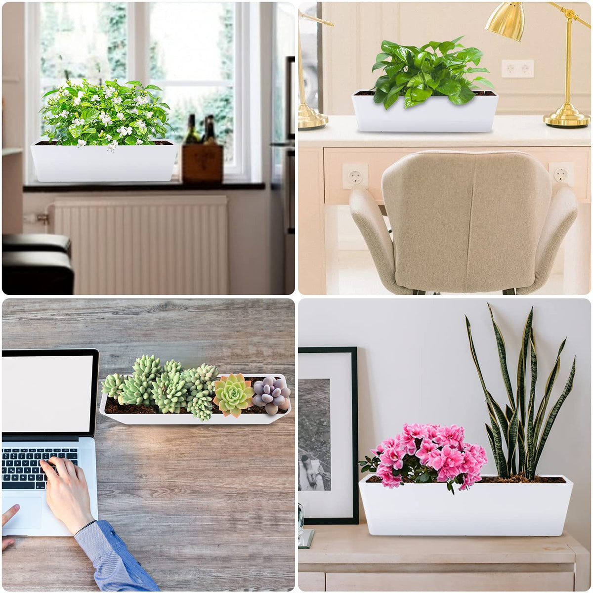 GREANER Window Boxes Planters with 100PCS 6inch Colorful Plant Label, 3PCS 16x3.8 Inch Large Herb Planters with Tray, Indoor Succulent Cactus Flowers Vegetable Plastic Rectangle Pots for Balcony, Offi