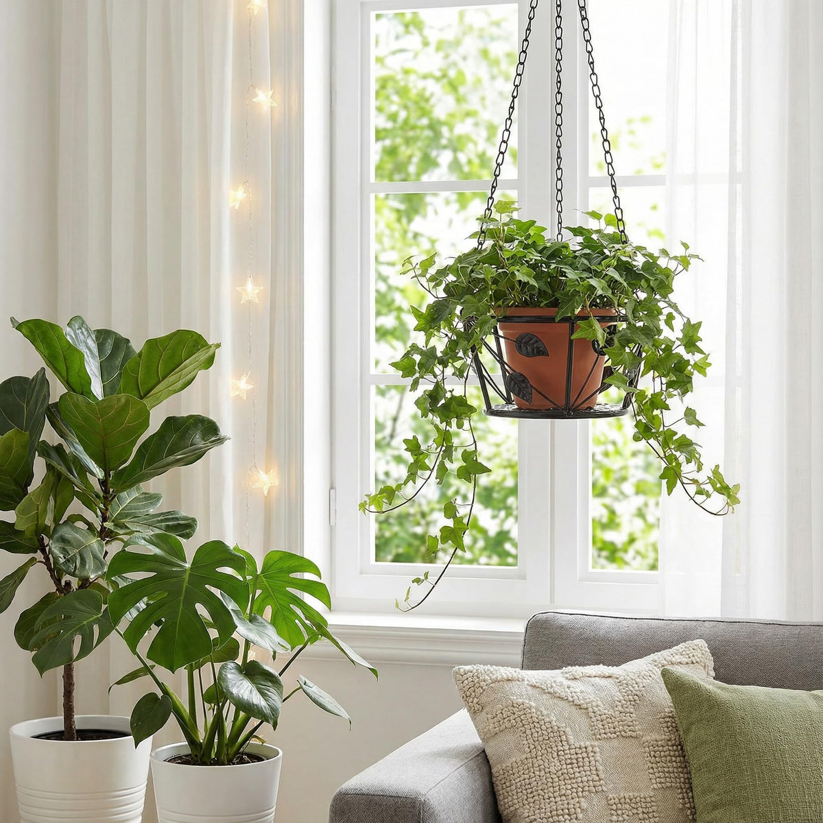 Goaste 2 Pack Metal Plant Hanger, Hanging Plant Holder with Ceiling Hook, Modern Plant Hanging Basket, Decorative Planter Flower Pots Shelf for Indoor Outdoor Use, Home Decor