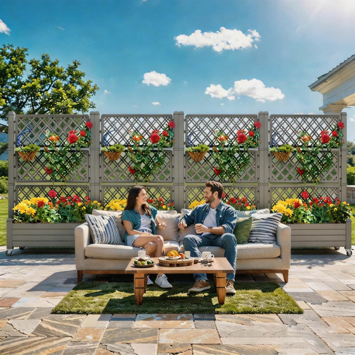 YITAHOME 43.3x17.7x61 in Planter Boxes Outdoor with Trellis, Resin Raised Garden Bed with Wheels & Drain Plug for Climbing Plants, Weather-Resistant Design Elevated Garden Bed with Trellis, Brown