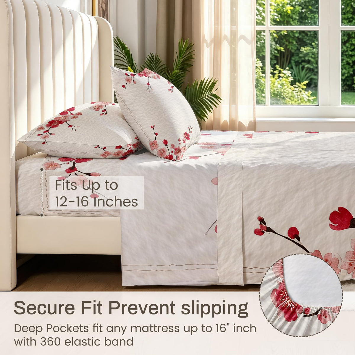 Cherry Blossom Full Sheet Set Japanese Red Flower Flat Fitted Sheet Sets