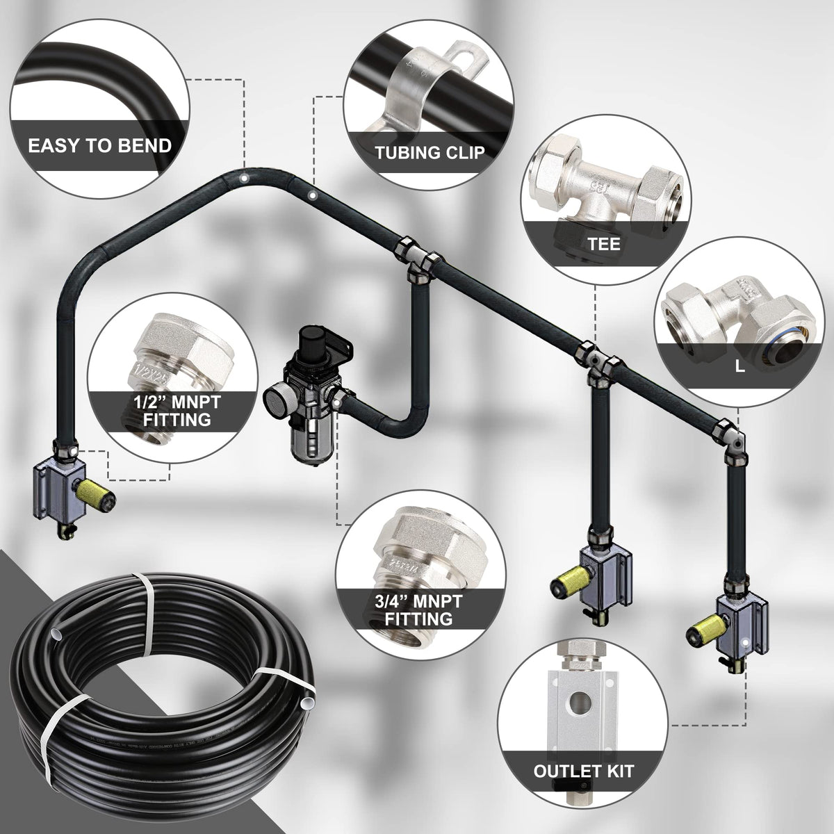 Hromee Compressed Air Piping System with 3/4 inch x 100 feet HDPE Tubing and Aluminum Outlet Blocks for Garage Connect Air Compressor Hose Accessories 37 Pieces
