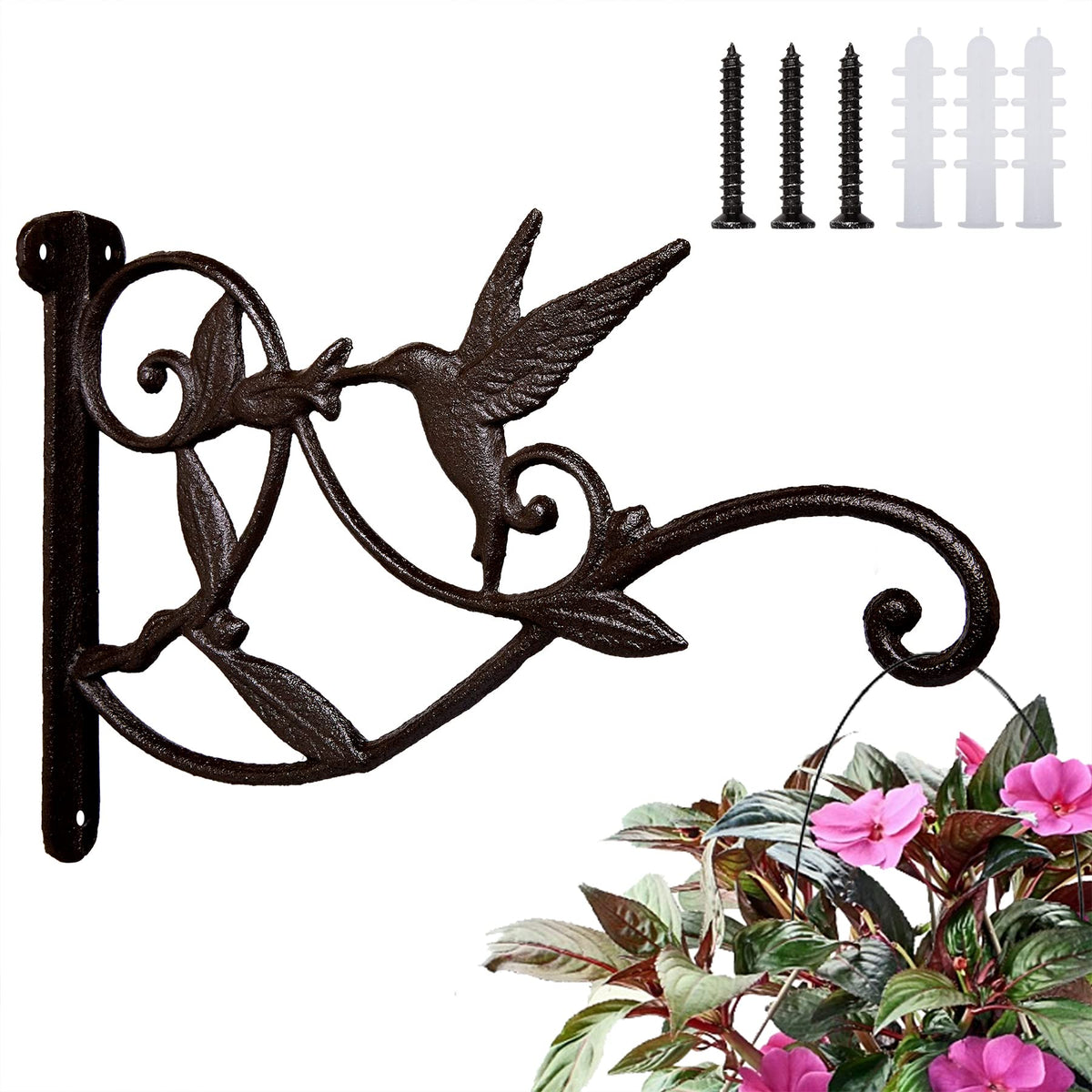 FLORWOD Planter Hooks for Wall, 10 Inch Heavy Duty Outdoor Plant Hangers, Decorative Iron Wall Hooks for Lanterns, Hummingbird Style, 1pc