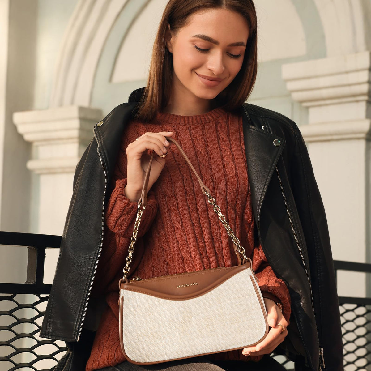 Missnine Shoulder Bag for Women Small Purse Trendy Clutch Hobo Bag Vegan Leather Mini Handbag with Zipper Closure, Brown & Beige