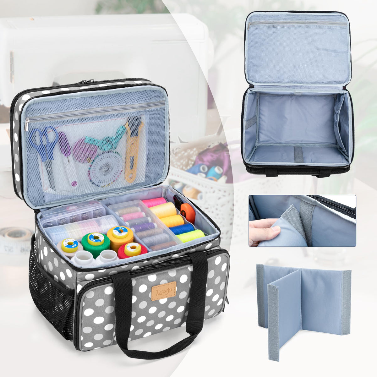 LUXJA Large Sewing Organizer with Many Compartments, 2 Layers Sewing Accessories Organizer with Varisized Pockets for Sewing and Crafting Supplies (Bag Only), Polka Dots