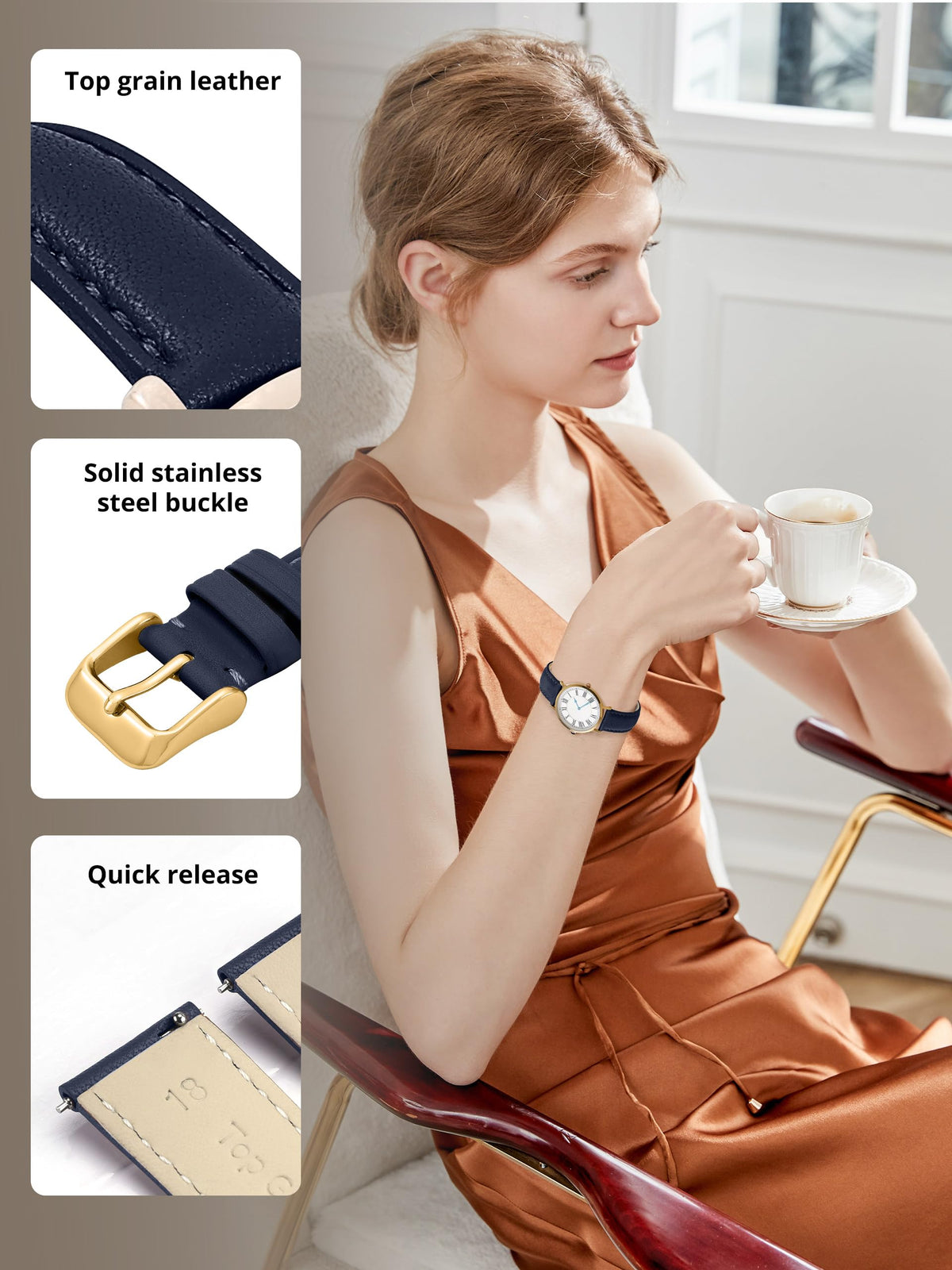 EACHE 12mm Leather Watch Bands for Women Ladies Quick Release Watch Bands Replacement Navy Blue Strap with Gold Buckle