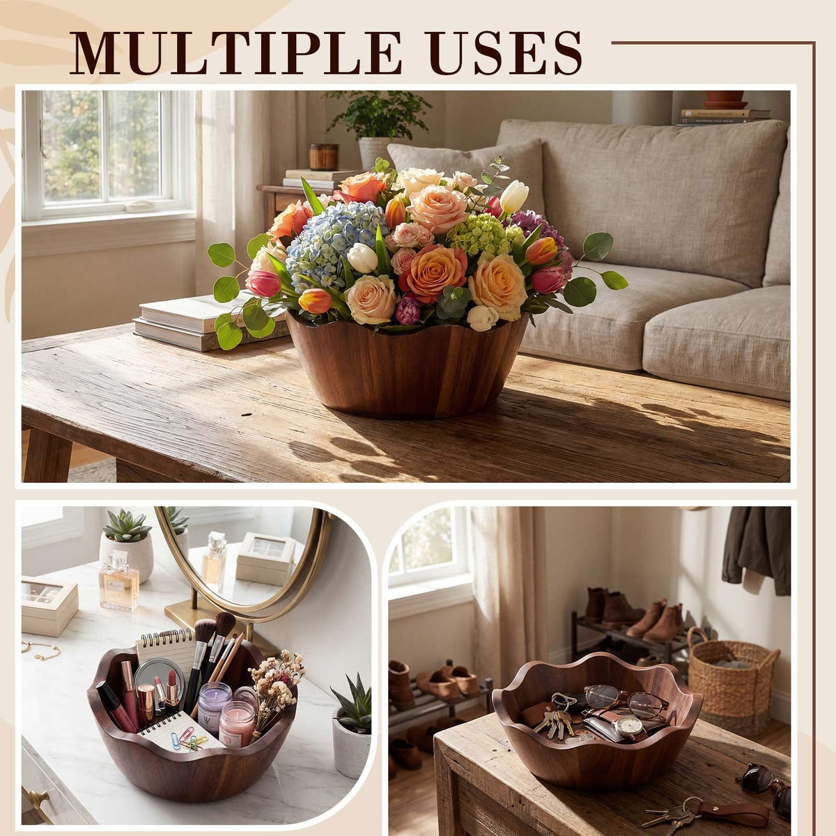 Hushee 3 Pcs Acacia Wooden Salad Bowls Set, 8/10/12 Inch Decorative Scalloped Salad Bowls, Large Wood Serving Mixing Bowl for Fruit, Pasta, Snacks, Weddings, Natural Housewarmings Gifts