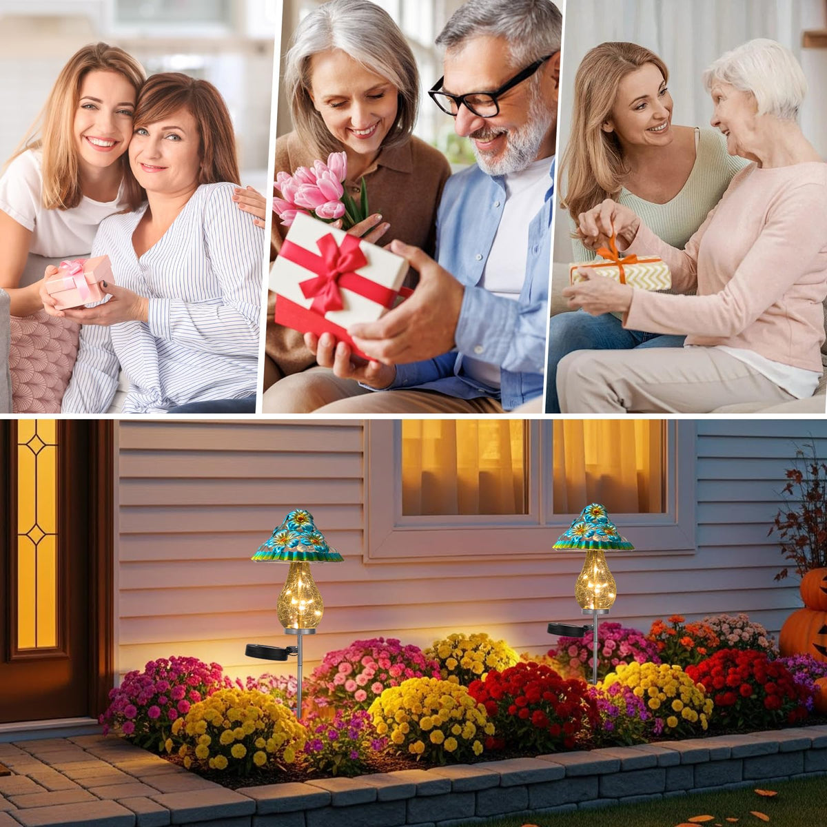 LOVERUIS Garden Statues with Solar Watering Can Lights, Cute Outdoor Garden Decor for Patio Yard Lawn Ornaments, Unique Gift for Women Mom Grandma (ARS-Mushroom Blue)