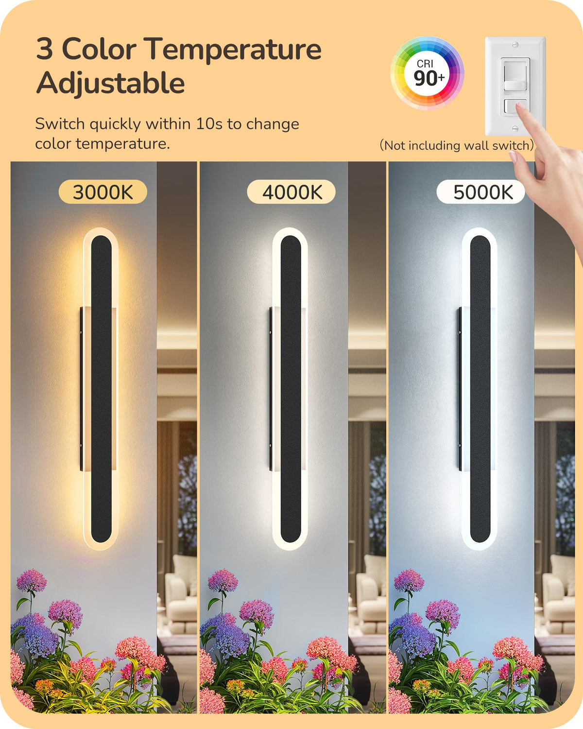 EDISHINE LED Outdoor Wall Lights, Dimmable, IP65 Waterproof, 39.4in, Black, Model HOWL22Q
