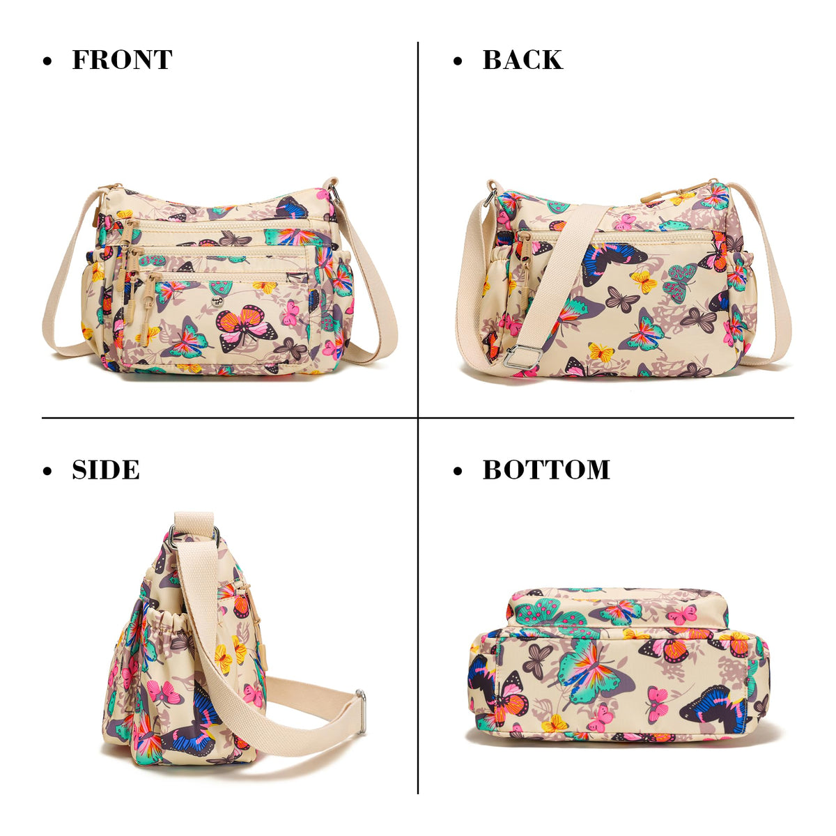 AOCINA Crossbody Bags for Women Multi Pocket Nylon Lightweight Ladies Purses Messenger Shoulder Handbags Satchel Travel Bag (Beige Butterfly)