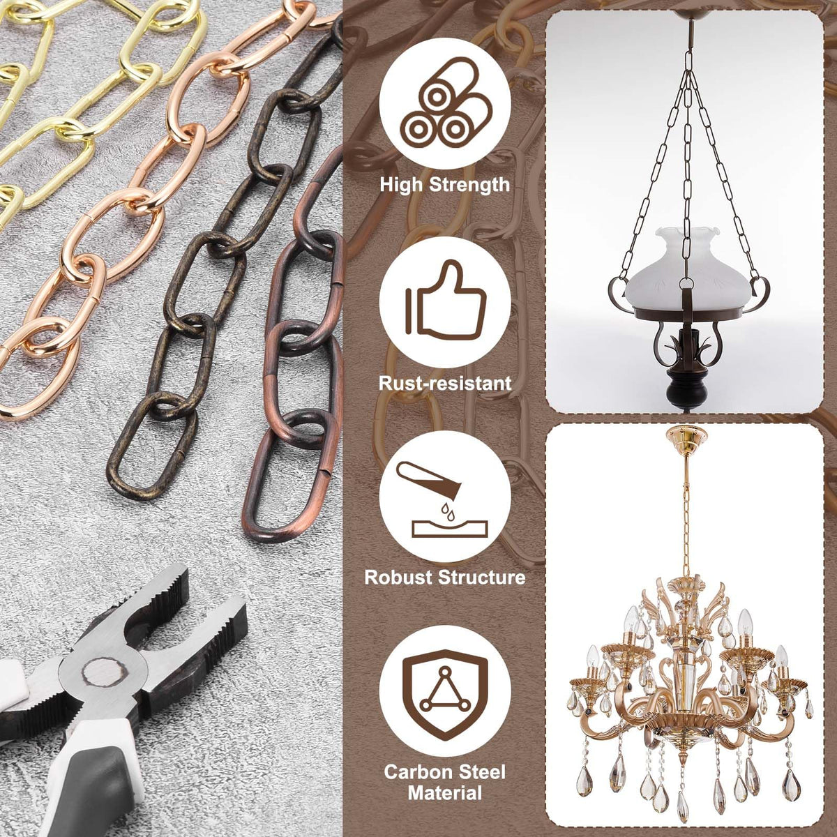 uxcell 7ft Lighting Hanging Chain, 2.8mm/0.11" Looping Metal Pendant Chandelier Chain Extension with 2 Spring Snap Hook for Hanging Plant Pendant Chandelier Light Fixture, Rose Gold