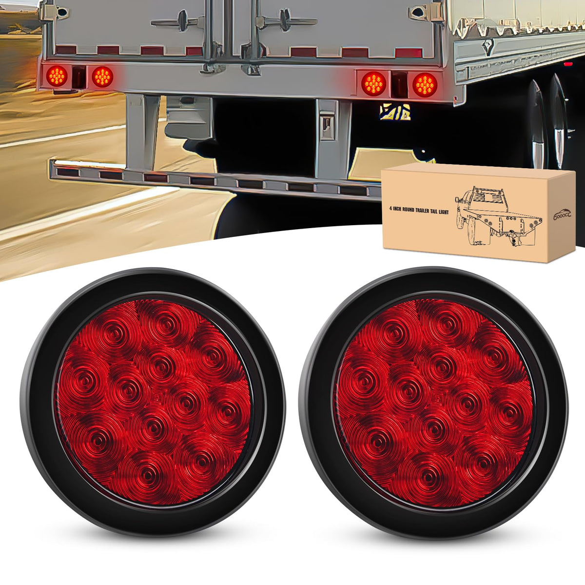 GOOACC Trailer Tail Light 12LED Red Stop Brake Turn Signals 4Inch 2PCS IP67 Waterproof Model Tail-11