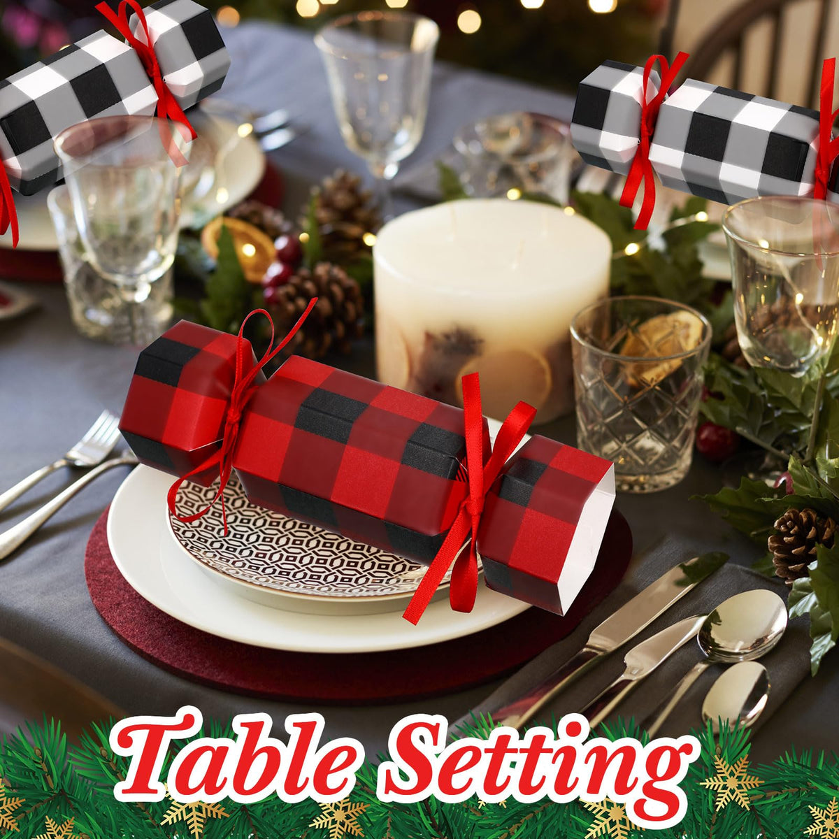 Xinnun 50 Packs Christmas Cracker Kit No Snap Xmas Party Table Favors Snowflake Reindeer DIY Christmas Party Cracker Candy Boxes for Holiday Dinner Decoration Gift (Plaid Style)