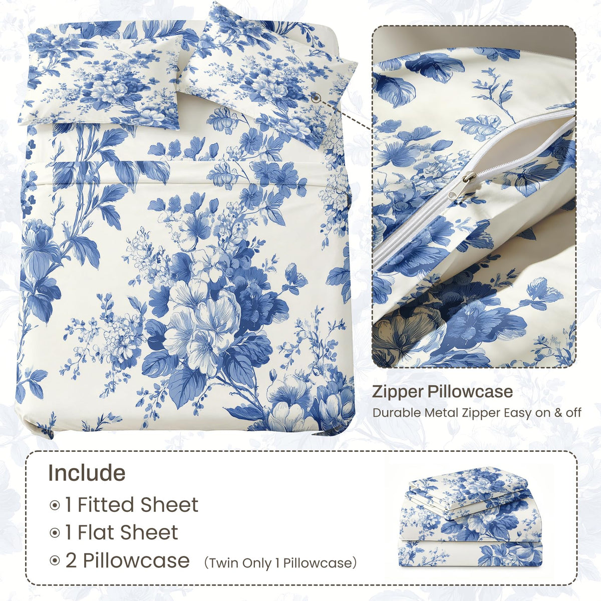 Blue and White Floral Queen Sheet Set 4 Pcs Chinoiserie Bed Sheets