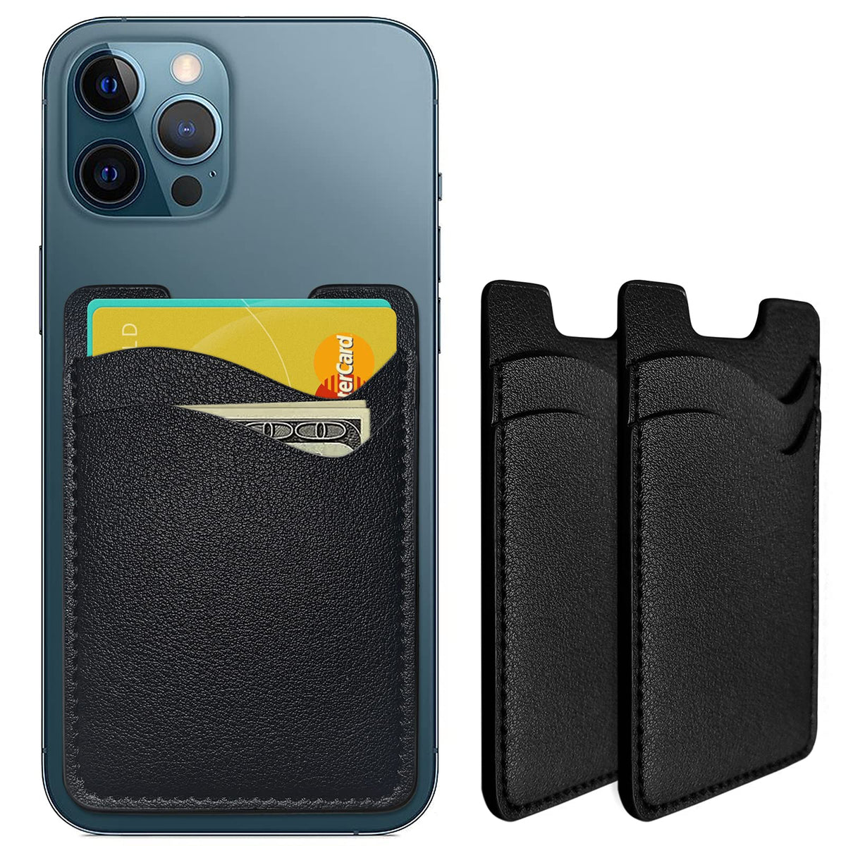 Leather Phone Wallet, Stick On Card Holder for Back of Phone Case - Compatible with Most Cell Phones (iPhone, Samsung) - 2Pack Black