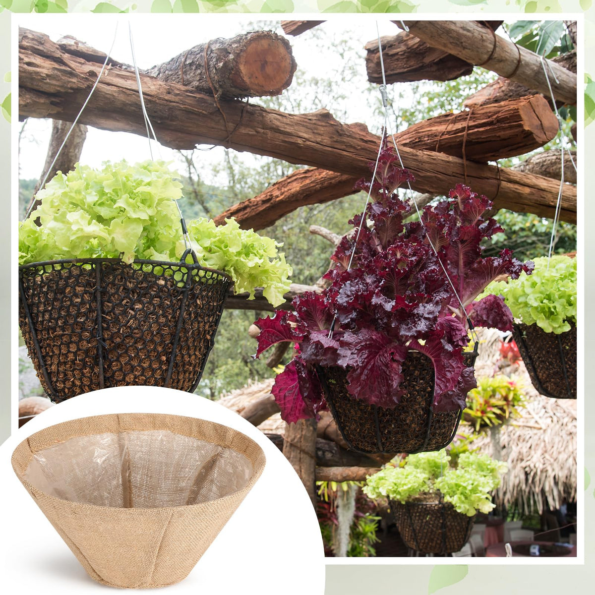 Novabright 4 Pack Round Burlap Liners with Drainage Hole and Plastic Interior Liner 14 Inch Rustic Burlap Planter Liner for 14" Diameter Hanging Baskets