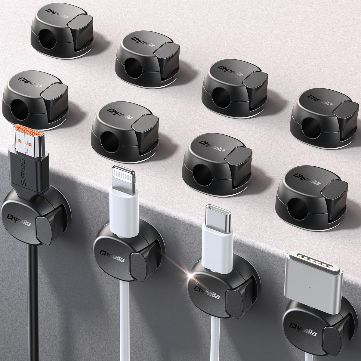 12Pack Cord Organizer [Dual Spring & Clasp, Max Secure] Cable Clips - Chfeila Cord Holder, Desk Cable Management, Adhesive Phone Charging Wire Holder for Nightstand/Car/Wall, Office Accessory - Black