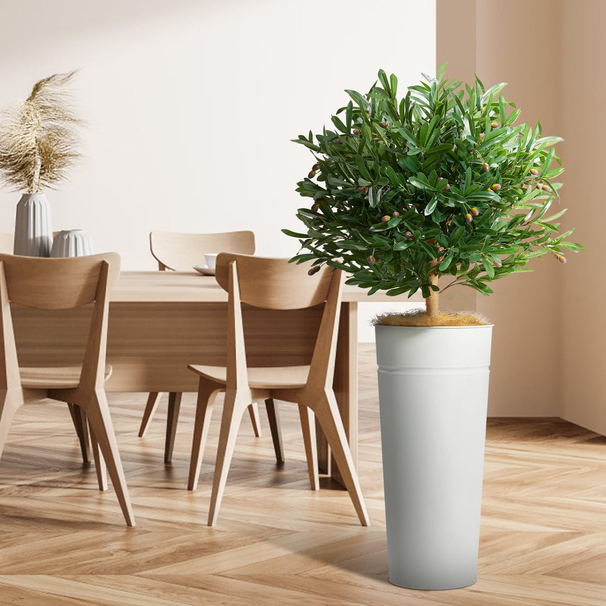 KOL 28" White Metal Planter Set, Galvanized Steel Plant Pots for Indoor Outdoor Decor with Artificial Olive Tree & Fiddle Leaf Fig, Faux Plants with Natural Coconut Fiber (Total Height 4.2FT)