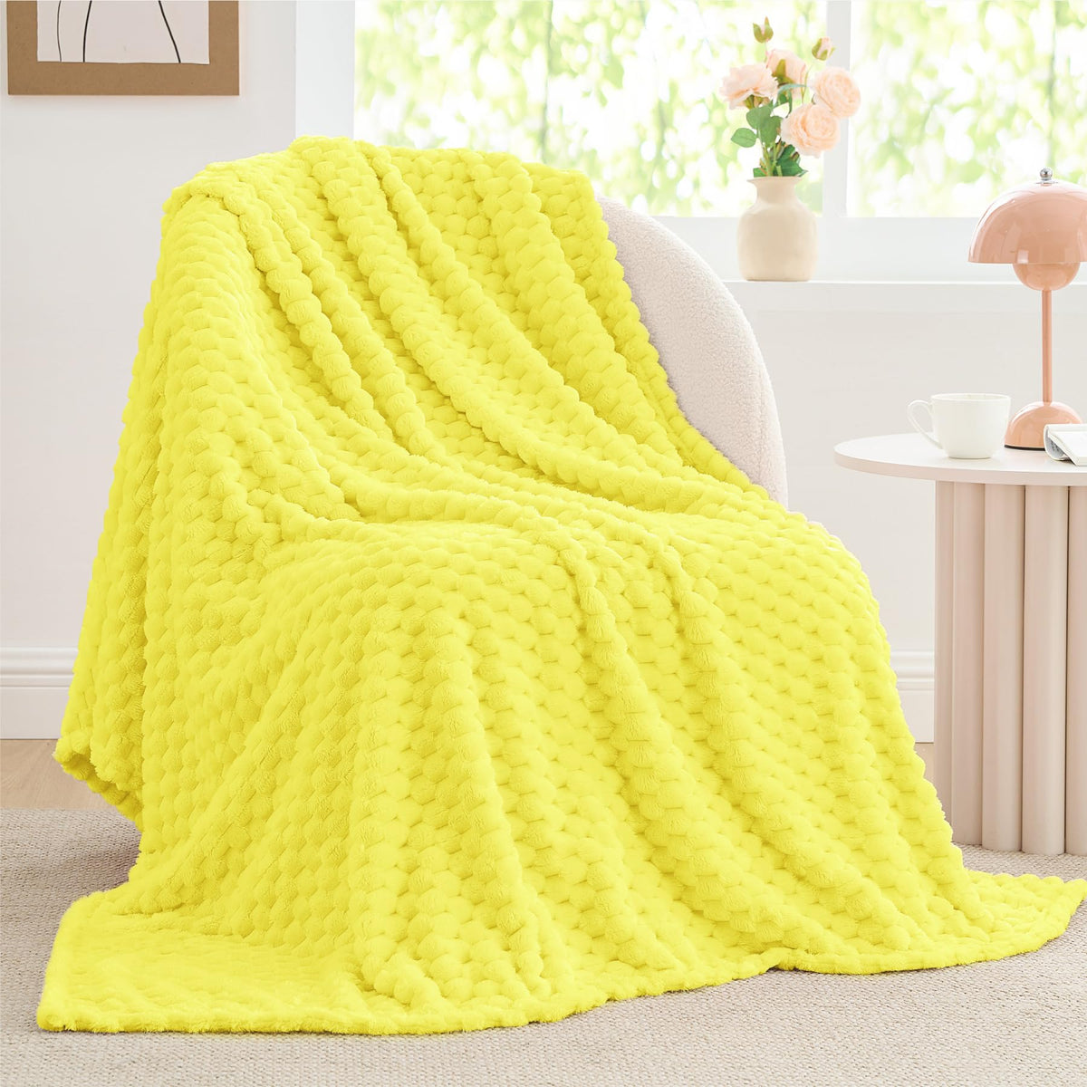 BEDELITE Fleece Throw Blanket for Couch & Bed - 3D Jacquard Decorative Amber Yellow Blanket, Super Soft and Cozy Warm Fuzzy Blanket All Seasons Suitable, 50x60Inches